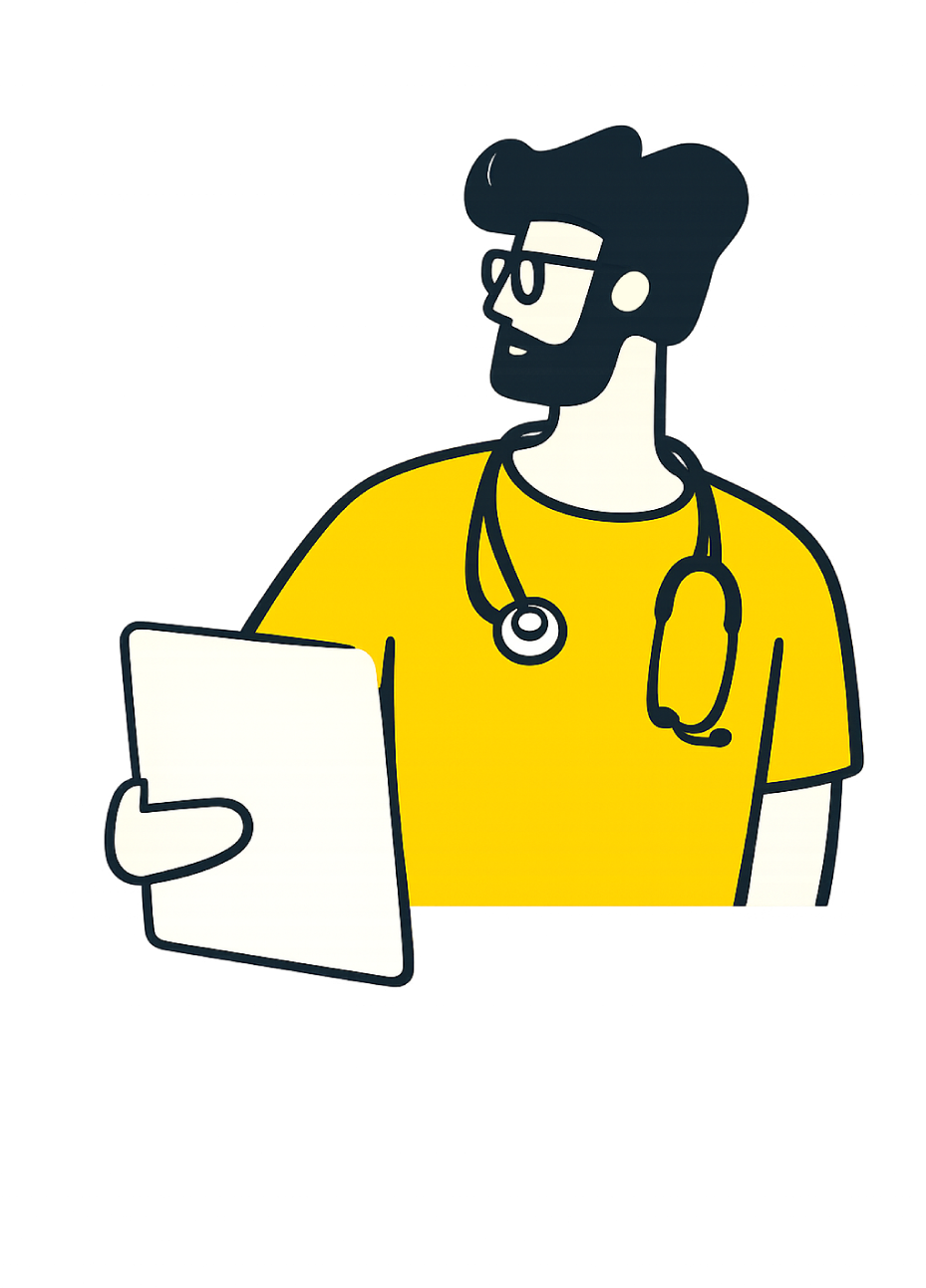 Ilustração de um médico com estetoscópio segurando uma prancheta